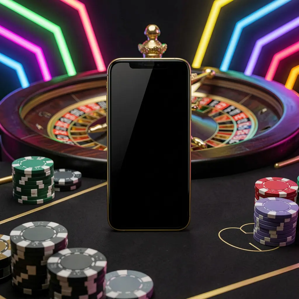 Mobile casino application scene by AV1111 featuring a phone in the center with a roulette wheel and poker chips in the background, illuminated by glowing neon lights in a premium black and gold style