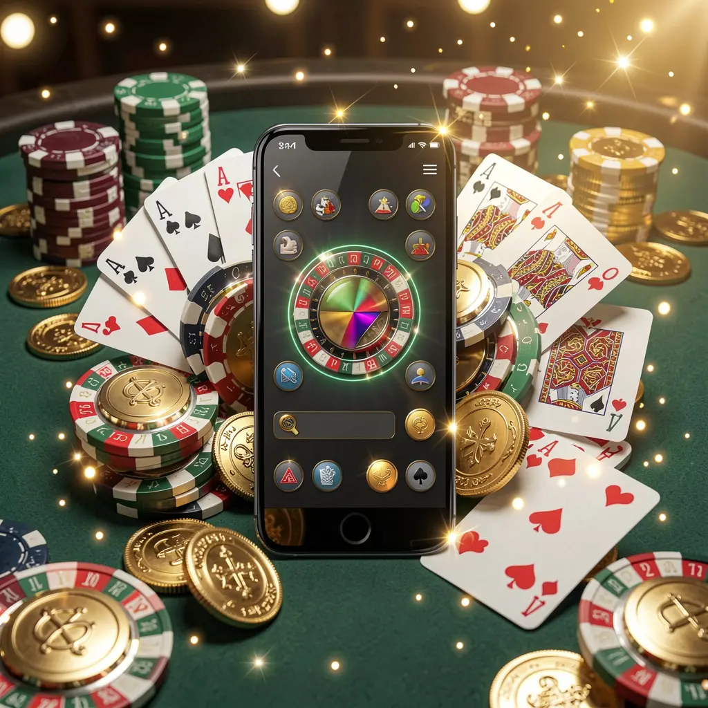 AV1111 mobile gaming application concept showing a smartphone surrounded by playing cards, roulette chips, gold coins, and sparkling lights in a premium casino style