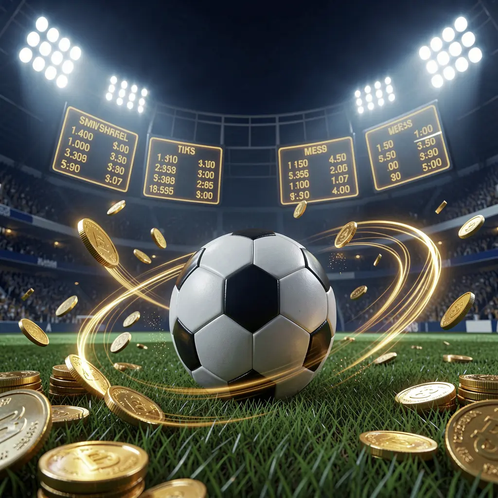AV1111 sports betting page hero banner featuring a football stadium at night with bright floodlights, a soccer ball on green grass, glowing odds panels, golden coins, and dynamic light trails in a premium dark blue and gold cinematic 3D render