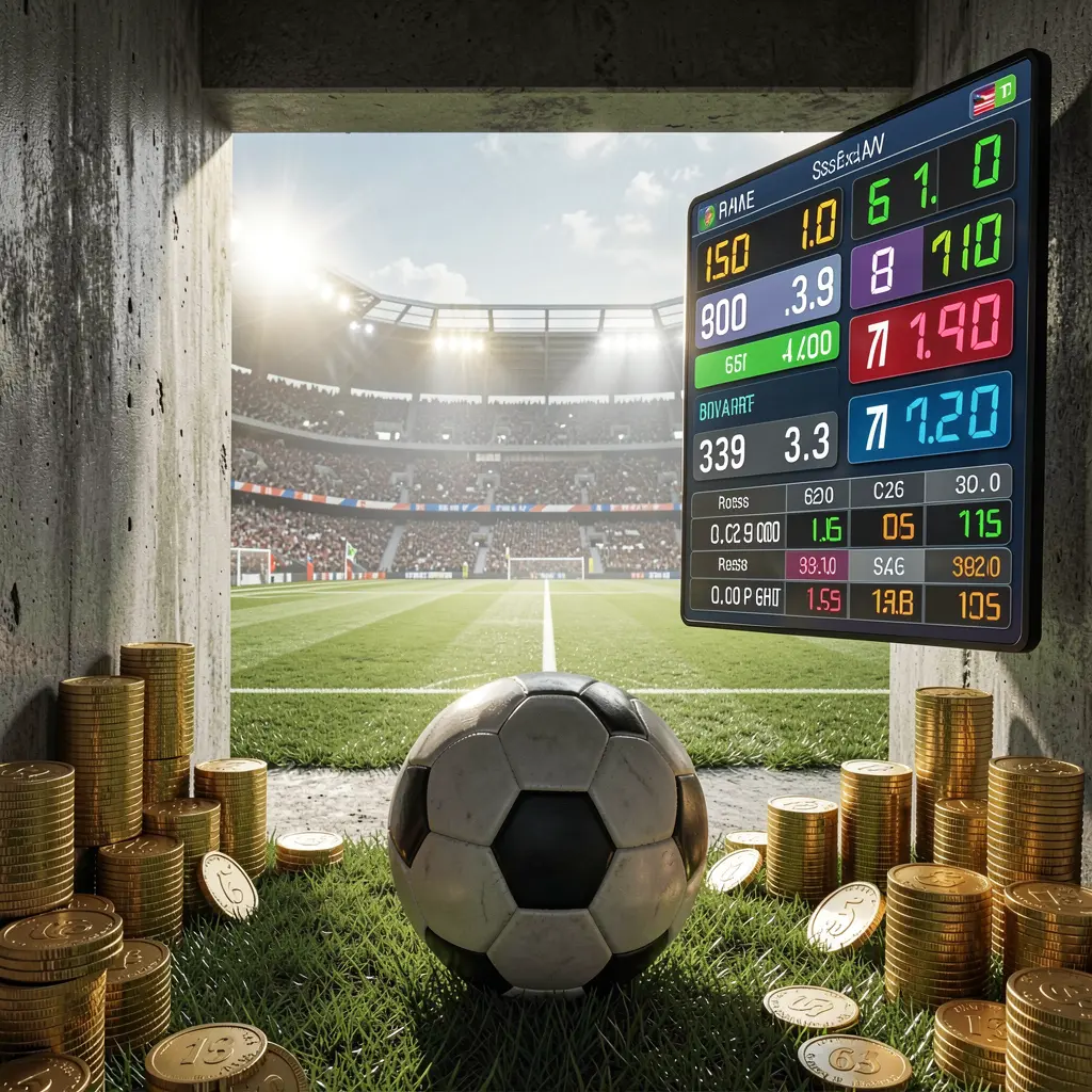 AV1111 football betting platform scene showing a dramatic stadium tunnel opening to a bright soccer field with a soccer ball in the foreground, digital odds graphics, and gold coins in a realistic cinematic render