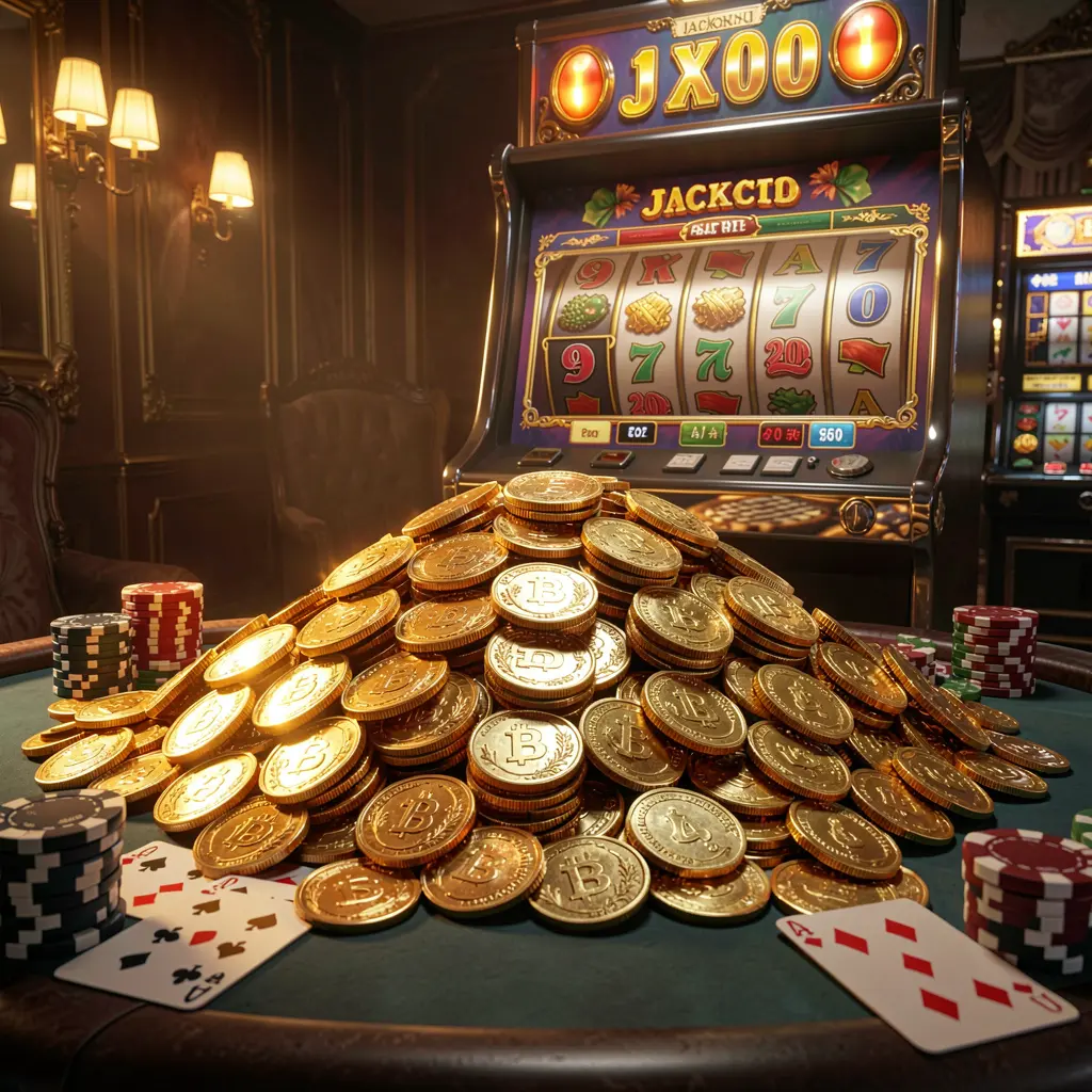 AV1111 online casino jackpot bonus scene featuring a massive pile of golden coins, a slot machine with glowing jackpot lights in the background, poker chips and playing cards on a luxury table under dramatic cinematic lighting