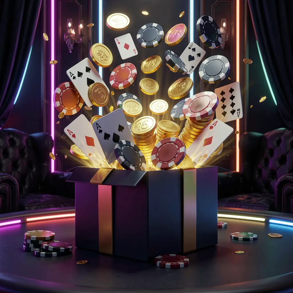 AV1111 online casino bonus gift box exploding with golden coins, poker chips, and playing cards on a dark luxury background with glowing neon accents