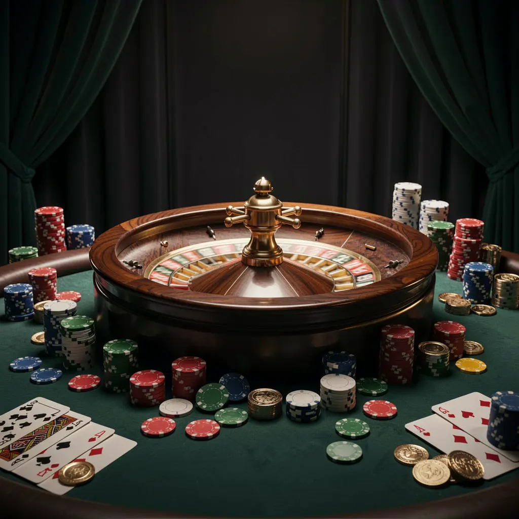 AV1111 classic casino scene featuring a spinning roulette wheel with scattered chips, playing cards, and coins on an elegant dark table under cinematic lighting