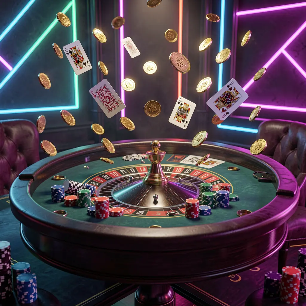 AV1111 premium casino gaming scene featuring an elegant roulette table with chips and cards, golden coins flying in the air under dramatic neon lighting in a high detail 3D render
