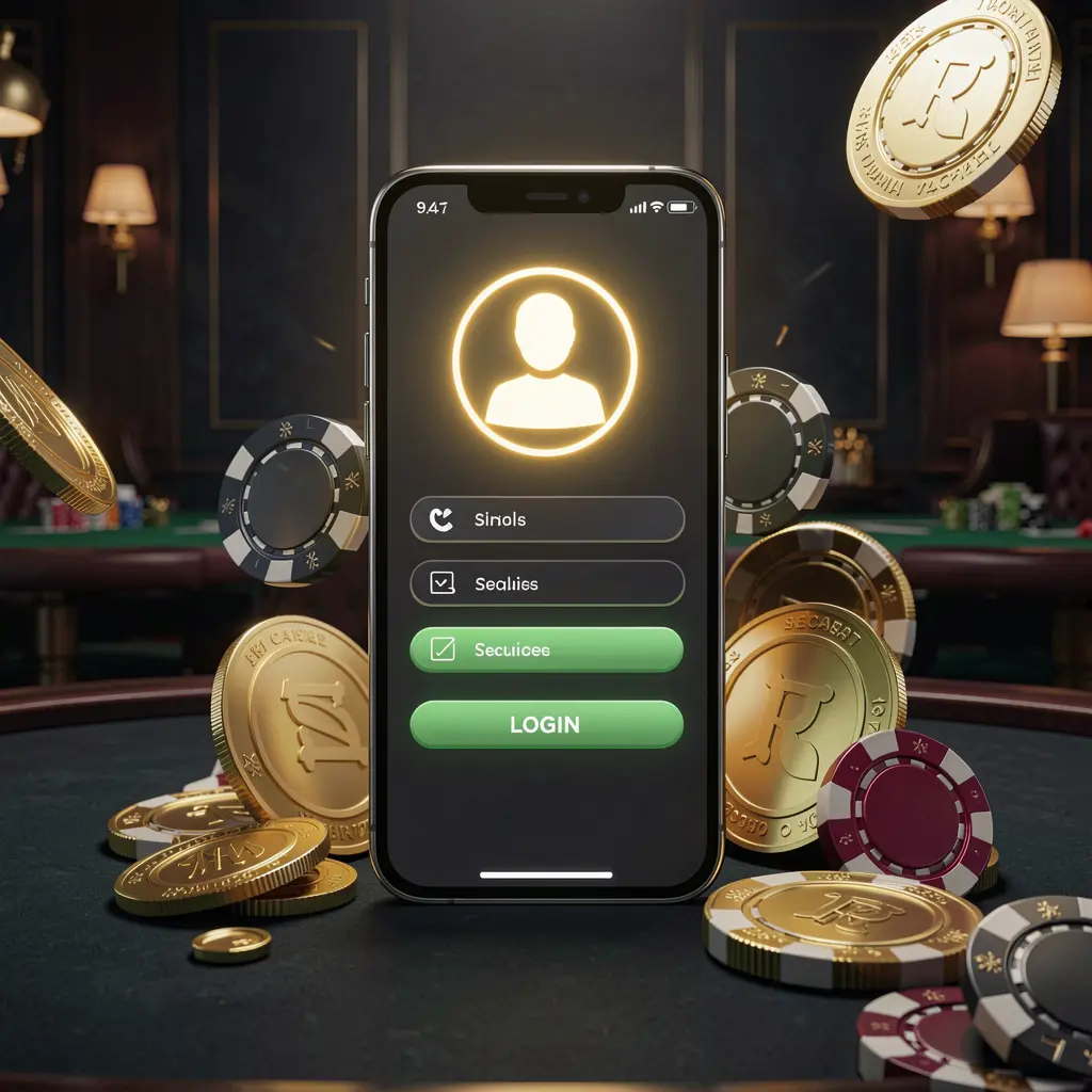 AV1111 online casino login page hero banner featuring a modern smartphone with a secure login screen, glowing user profile icon, golden coins and poker chips surrounding it on a dark luxury background