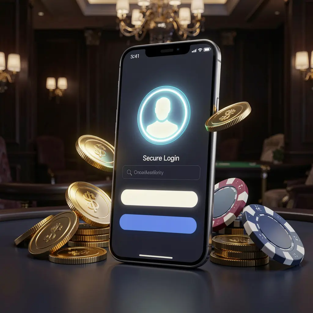 AV1111 online casino login page hero banner featuring a modern smartphone with a secure login screen, glowing user profile icon, golden coins and poker chips surrounding it on a dark luxury background in a premium 3D render