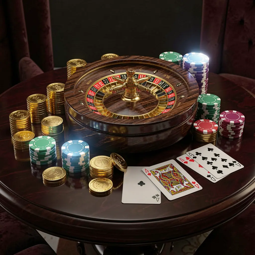 AV1111 premium online casino banner featuring golden coins, glowing chips, a roulette wheel, and playing cards on a glossy table with an elegant dark background in a high detail realistic 3D render